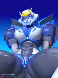 3d anus ass_visible_through_thighs autobot big_breasts blue_pussy blush clitoris female female_only humanoid robot robot_girl strongarm_(transformers) thick_thighs transformers trawert