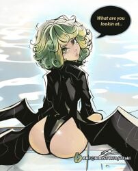 1girls 7zaki ass back_view clothed curly_hair female green_eyes green_hair looking_at_viewer looking_back medium_hair one-punch_man pool poolside sitting solo speech_bubble talking_to_viewer tatsumaki text