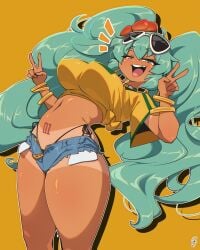 aqua_eyes aqua_hair big_ass big_breasts bikini brazilian brazilian_female brazilian_miku cyan_hair hatsune_miku jean_shorts latina open_mouth ryou_sakai ryousakai short_shorts shorts sunglasses sunglasses_on_head tan tan_body tan_skin tanline twintails vocaloid yellow_shirt