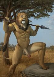 1boy 2015 abs anthro balls feline fur half-erect hi_res humanoid_penis lion male male_only mammal mane melee_weapon monds muscular navel nipples nude outside pecs penis polearm savannah solo spear tan_fur tree uncut weapon