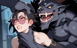 1girls 2boys 2boys1girl 2monsters abuse ai_generated asphyxiation black_hair brinkai choking clenching_teeth drooling eyelashes girl glasses hand_on_another's_head league_of_legends lips monsters multiple_boys multiple_monsters rape red_eyes sentinel_vayne short_hair small_breasts struggling sunglasses sweat the_ruined_king_saga thigh_boots vayne zoophilia