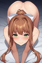 ai_generated all_fours artist_request doki_doki_literature_club looking_at_viewer looking_up looking_up_at_viewer monika_(doki_doki_literature_club) on_all_fours on_bed