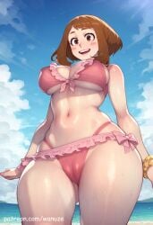 ai_generated beach big_ass big_breasts big_butt big_thighs bikini blush boku_no_hero_academia brown_eyes brown_hair cameltoe huge_ass huge_butt huge_thighs medium_breasts my_hero_academia ochako_uraraka outdoors swimsuit uraraka_ochako vulva_line wanuze wide_hips