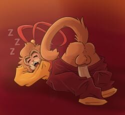 anthro artsavian asleep ass_up balls boner closed_eyes erection furry lego lego_monkie_kid male male_only monkey monkey_king_(lego_monkie_kid) mythology pants_down penis sleeping solo solo_male sun_wukong