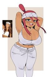 1girls 2024 2024_pokemon_teraleak arms_behind_head arms_up bandana belt big_breasts blush chains earrings female female_only gym_leader hispanic hoop_earrings jennifer_lopez large_breasts latina leaning_forward leekcheek looking_at_viewer necklace photo_reference pokemon pokemon_bw skyla_(pokemon) smile solo solo_female solo_focus tank_top thick thick_thighs thighs vest white_clothing