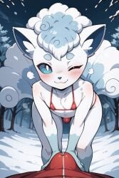 1boy ai_generated alolan_vulpix animal_ears anthro bent_over bikini_bulge blue_eyes blush breath bulge drkhenry eye_contact femboy furry furry_male looking_at_viewer micro_bikini penis_bulge pokemon pokemon_(species) pov red_bikini smile snow stable_diffusion tail touching_penis vulpix white_body white_fur white_hair white_skin wink