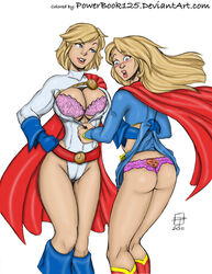 2011 2girls ass blonde_hair blue_eyes blush bra callmepo color colored dc dual_persona female female_only long_hair panties power_girl selfcest short_hair supergirl supergirl_panties superman_(series) tagme yuri