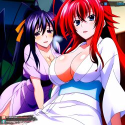 2girls ai_generated akeno_himejima big_breasts blue_eyes blush dark_purple_hair demon_wings high_school_dxd juanpiamvs long_hair open_mouth patreon patreon_username pink_eyes ponytail red_hair rias_gremory sitting subscribestar subscribestar_username watermark wings yukata