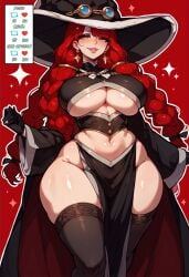 ai_generated bare_thighs braided_ponytail fairy_tail gigantic_breasts huge_breasts huge_thighs irene_belserion light-skinned_female light_skin looking_at_viewer massive_breasts mature_female milf orange_eyes pawg red_body smiling solo_female squatting sweat sweatdrop thick_body thick_female thick_thighs thighs voluptuous voluptuous_female witch_hat yashugai