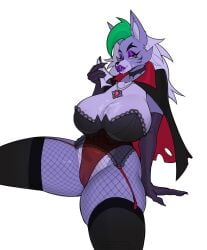 after_sex anthro big_breasts biped bodily_fluids breasts camel_toe canid canine canis cleavage clothed clothing cum cum_in_mouth cum_inside cum_on_breasts cum_on_face english_text eyeliner female fishnet_clothing fishnet_legwear fishnet_thigh_highs five_nights_at_freddy's five_nights_at_freddy's:_security_breach genital_fluids hi_res jewelry legwear lips lipstick makeup mammal necklace pulred purple_body purple_lipstick roxanne_wolf scottgames simple_background solo steel_wool_studios text thick_lips thigh_highs wolf