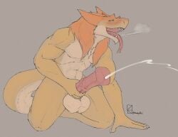 balls bodily_fluids breath cum ejaculation fur genital_fluids genitals hair hi_res kazzyboii kneeling male male_only masturbation open_mouth orange_body orange_fur penis sergal tagme tail tongue tongue_out