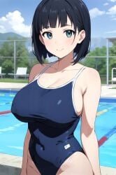 ai_generated asian asian_female bare_thighs big_breasts black_hair blue_eyes huge_breasts huge_thighs kirigaya_suguha light-skinned_female light_skin looking_at_viewer massive_breasts pool poolside school_swimsuit short_hair smiling solo_female squatting sweat sweatdrop swimsuit sword_art_online thick_thighs thighs voluptuous voluptuous_female