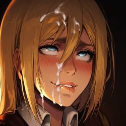 1female 1girl 1girls ai_generated attack_on_titan biting_lip blonde_hair blue_eyes blush blushing christa_lenz civitai clothed cum cum_from_mouth cum_on_chin cum_on_face cum_on_hair cum_on_lips cum_out_mouth eyes_rolling_back female historia_reiss lip_biting looking_up pikachu1938 pleasure_face pleasured_face pleasured_female shingeki_no_kyojin solo solo_female solo_girl tagme teeth