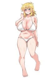 bikini blonde_hair blue_eyes blush breasts cleavage green_eyes heterochromia large_breasts looking_at_viewer pyonpyonmaru ryouna_(senran_kagura) senran_kagura short_hair smile swimsuit wide_hips