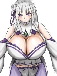 1girls breasts breasts_bigger_than_head breasts_bigger_than_torso breasts_focus cleavage elf elf_ears elf_female elf_girl emilia_(re:zero) huge_breasts large_breasts looking_at_viewer purple_eyes re:zero_kara_hajimeru_isekai_seikatsu silver_hair solo solo_female standing white_background