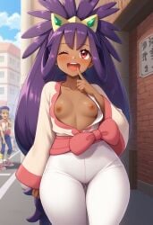 aged_up ai_generated creatures_(company) dark-skinned_female dark_skin flashing flashing_breasts flat_chest game_freak iris_(pokemon) nintendo nipples pokemon public public_exposure public_nudity purple_hair small_breasts solo wide_hips