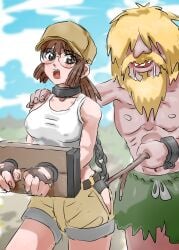 1boy 1girls :o absurd_res artist_request baseball_cap black_panties blush bondage bound bound_wrists breasts brown_eyes brown_hair captured captured_heroine chains clothed collar crop_top fingerless_gloves fio_germi glasses gloves hat hi_res hip_vent looking_back male matching_hair/eyes medium_breasts medium_hair metal_slug nipple_bulge open_mouth outdoors panties panty_peek poking ponytail prisoner_of_war_(metal_slug) role_reversal round_glasses shorts sidelocks sky snk stick stocks tank_top ugly_man