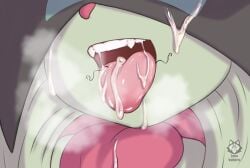 anthro bodily_fluids breath close-up cum cum_in_mouth cum_inside cum_on_face fangs female fur generation_9_pokemon genital_fluids glistening glistening_body green_body green_fur hi_res lobovalkiria meowscarada meowscarada_(lobovalkiria) nintendo open_mouth pink_nose pokemon pokemon_(species) solo steam teeth tongue tongue_out