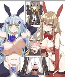 3girls absurdres animal_ears censored e_sky_rugo futanari girls'_frontline heart_maebari heart_pasties highres hk416_(girls'_frontline) maebari meme_attire multiple_girls one_side_up pasties rabbit_tail reverse_bunnysuit reverse_outfit scar scar_across_eye scar_on_face tail ump45_(girls'_frontline) ump9_(girls'_frontline)