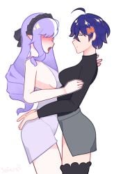 2025 2girls asymmetrical_docking belle_(zenless_zone_zero) blue_hair blush blushing blushing_female color female female/female female_only lesbians medium_breasts no_background purple_hair safe safe_for_work sfw side_view vivian_(zenless_zone_zero) white_background yakara yuri zenless_zone_zero