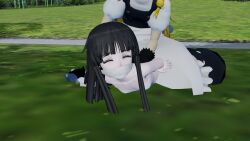 2girls 3d black_hair captured female gag gagged improvised_gag kaguya_houraisan long_hair marisa_kirisame pavro touhou yuri