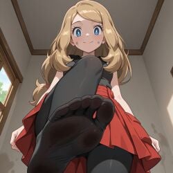 1girls ai_generated black_legwear black_tights blue_eyes brown_hair clothed dirty_feet feet female female foot_fetish foot_focus imminent_stomp leggings non-nude pixai pokemon pokemon_xy red_skirt serena_(pokemon) skirt smile tights