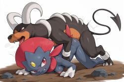 1boy ai_generated all_fours ambiguous_penetration animal_ears anthro blush bodily_fluids breasts claws drooling fangs female female feral feral_on_anthro forehead_jewel fur furry houndoom interspecies looking_back male medium_breasts nipples open_mouth penetration pokemon rape red_eyes rock saliva sex straight sweat tail taken_from_behind teeth tongue trembling weavile
