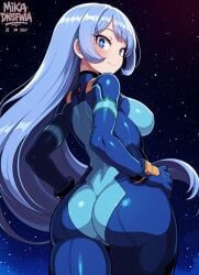 ai_generated ass ass_focus back blue_bodysuit blue_eyes blue_hair blush bodysuit boku_no_hero_academia breasts bright_pupils closed_mouth cosplay cowboy_shot female from_behind gloves hadou_nejire hands_on_own_hips impossible_bodysuit large_breasts light_blue_hair long_hair looking_at_viewer looking_back multicolored_bodysuit night night_sky skin_tight sky smile solo standing starry_sky superhero thighs very_long_hair white_pupils zero_suit
