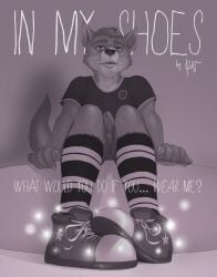 5_fingers animate_inanimate anthro bottomwear canid canine canis clothing crisp_the_wolf erection erection_under_clothing fingers footwear hi_res legwear magic male mammal pattern_clothing pattern_legwear rov shirt shoe_fetish shoes shorts sitting sneakers socks solo solo_focus striped_clothing striped_legwear stripes tenting text topwear wolf