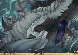 absurd_res angellsview3 anus arkveld capcom conditional_dnp dragon electricity feral flying_wyvern genitals glowing glowing_eyes grey_body greyscales hair hi_res horn knot knotted_penis lightning male monster_hunter mythological_creature mythological_scalie mythology particles penis presenting presenting_penis purple_eyes scalie solo spiked_penis spikes spikes_(anatomy) teeth white_hair