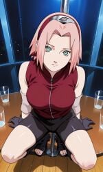 anime_style bike_shorts female glove green_eyes jonnahill looking_at_viewer naruto_shippuden pink_hair sakura_haruno self_upload squatting tagme toeless_footwear