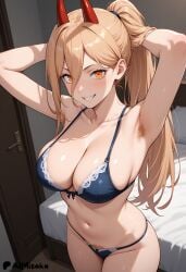 1girls ai_generated aimisaka blue_bra blue_panties blue_underwear bra chainsaw_man female horns panties power_(chainsaw_man) solo underwear yellow_eyes