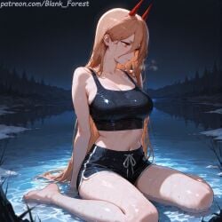 ai_generated alternate_costume artist_name bangs bare_arms bare_legs bare_shoulders barefoot black_shorts blank_forest blonde_hair blush breasts chainsaw_man character_name closed_mouth collarbone copyright_name crop_top demon demon_girl dolphin_shorts eyebrows_visible_through_hair feet female hair_between_eyes horns large_breasts long_hair looking_at_viewer medium_breasts midriff navel night night_sky orange_eyes outdoors partially_submerged power_(chainsaw_man) rain red_eyes shirt short_shorts shorts sidelocks sitting sky sleeveless smile solo sports_bra stomach symbol-shaped_pupils thighs very_long_hair wariza water wet wet_clothes wet_hair yellow_eyes