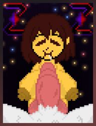 1boy 1girls asriel_dreemurr big_breasts big_penis breasts cum cum_in_mouth fellatio frisk furry mouth_full_of_cum penis penis_in_mouth pixel_art self_upload swallowing_cum undertale undertale_(series) zixy