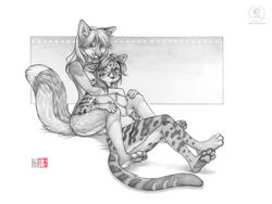 2013 4_toes anthro breasts canine casual_nudity claws duo feline female fox interspecies kacey licking mammal monochrome multiple_females nipples nonsexual_nudity nude ocelot one_eye_closed tagme tasteful_nudity toe_claws toes tongue tongue_out whiskers