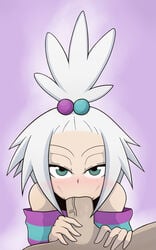 1boy 1girls bare_shoulders blue_eyes fellatio female hair_ornament human male oral penis pokemon pokemon_bw2 roxie_(pokemon) santystuff solo_focus straight striped striped_shirt topknot white_hair