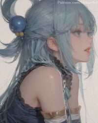 2025 ai_assisted ai_generated aqua_(konosuba) artist_name bare_shoulders blue_eyes blue_hair detached_sleeves eyelashes female floating_hair hair_bobbles hair_ornament hakariart kono_subarashii_sekai_ni_shukufuku_wo! konosuba long_hair looking_away patreon profile solo stable_diffusion watermark