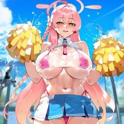 1girls ahoge bangs bikini blue_archive blue_sky blush braid breasts cheerleader day eyebrows_visible_through_hair fourina green_eyes hair_ornament hanako_(blue_archive) hanako_(swimsuit)_(blue_archive) holding long_hair looking_at_viewer mole naughty_face navel open_mouth outdoors pink_bikini pink_hair pleated_skirt pom_poms see-through see-through_clothing skirt sky sleeveless smile swimsuit thighhighs thong very_long_hair wet_clothes