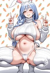 1girls ai_generated blue_eyes blue_hair blush cameltoe hololive huge_breasts long_hair orange_eyes orange_nails peace_sign pekomama pussy_juice rabbit_ears rabbit_girl squatting thick_thighs v virgin_killer_sweater virtual_youtuber wide_hips