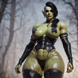 1female ai_generated big_ass big_breasts big_butt black_hair breasts choker corset day female goth goth_clothing goth_girl gothic green-skinned_female green_skin large_ass latex leather looking_at_viewer muscular muscular_female nipple_pasties nowrin orc orc_(warcraft) orc_female outdoors short_hair sidecut solo solo_female spooky stable_diffusion thick_thighs thighs warcraft world_of_warcraft