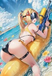 ai_generated back_view beach_background cloudy_sky curvy_ass curvy_body curvy_female curvy_figure eyes_obscured laying_on_stomach no_eyes raaicave sky_background trigger_(zenless_zone_zero) water_gun watergun zenless_zone_zero