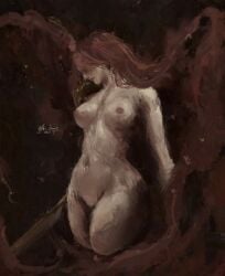 beautiful belly bon_drawr breasts elden_ring female female_only hidden_eyes light-skinned_female light_skin malenia_blade_of_miquella naked naked_female nipple_piercing nipples pussy red_hair solo solo_female standing