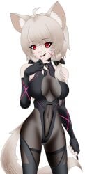 ahoge animal_ear_fluff animal_ears bangs bare_shoulders black_gloves black_legwear bow breasts center_opening cleavage cleavage_cutout collarbone contrapposto covered_navel cowboy_shot elbow_gloves eyebrows_visible_through_hair facial_mark female fingerless_gloves fingernails gloves grey_hair hair_between_eyes hairbow large_breasts leotard long_hair looking_at_viewer medium_breasts nail_polish navel oerba_yun_fang open_mouth pantyhose red_eyes red_nails ribbon saruei_(vtuber) simple_background smile solo squchan_(vtuber) standing striped tagme tail tongue tongue_out virtual_youtuber vtuber vyugen white_background