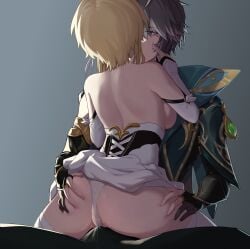 1boy alhaitham_(genshin_impact) ass black_pants black_sleeves blonde_hair breasts bulge djinchnizhnsh1 dress female fingerless_gloves genshin_impact gloves grey_hair hair_between_eyes highres long_hair lumine_(genshin_impact) male medium_breasts panties pants short_hair thighhighs underwear vision_(genshin_impact) white_dress white_hair white_panties white_sleeves white_thighhighs