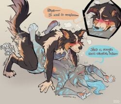 absurd_res anthro armpit_hair armpit_sniffing auto_(coldstar) blue_stripes blush blush_lines bodily_fluids body_hair border_collie breasts brown_body brown_eyes brown_fur canid canine canis collie cum cum_inside dialogue domestic_dog duo edging english_text felid feline female floppy_ears from_front_position fur genital_fluids green_eyes grey_body grey_fur hair herding_dog hi_res interspecies legs_up looking_pleasured lying lynx male male/female mammal missionary_position musk on_back one_eye_closed pastoral_dog ponytail raised_tail sex sheepdog smack_(sound_effect) sniffing solvi speech_bubble strayserval stripes tail teasing text
