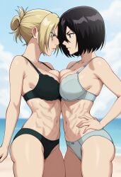 2girls ai_generated angry annie_leonhardt athletic attack_on_titan bra breast_press breasts breasts_pressed_against_partner catfight face_to_face looking_at_another mikasa_ackerman muscular muscular_female panties short_hair staredown underwear