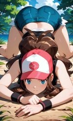 ai_generated anime_style big_ass blue_eyes blush brown_hair closed_mouth day denim denim_shorts female hat hilda_(pokemon) long_hair looking_at_viewer outdoors pokemon_bw self_upload shirt short short_shorts sidelock sleeveless tagme vest