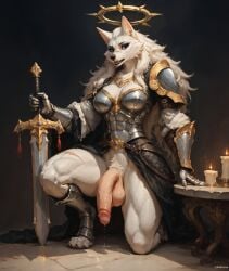 ai_futas big_penis dripping_cum flaccid futanari hanging_penis kneeling knight muscular_female no_panties white_fur wolf