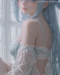 2025 ai_assisted ai_generated aqua_(konosuba) artist_name bare_shoulders breasts closed_mouth curtains eyelashes female grey_eyes hakariart kono_subarashii_sekai_ni_shukufuku_wo! konosuba lips long_hair looking_at_viewer patreon rain solo stable_diffusion watermark wet