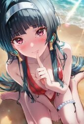 ai_generated astra_yao beach_background black_hair close-up close_up embarrassed_female female female_focus kneeling on_knees one_piece_swimsuit quiet_gesture raaicave sitting_on_sand zenless_zone_zero